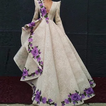 Specialaus Dizaino Vakare Šalis Suknelė Su Embroideries Nėrinių V Kaklo Vestido De Festa chalatas de soiree Elegantiškas Visą Rankovės Promenadzie Suknelė