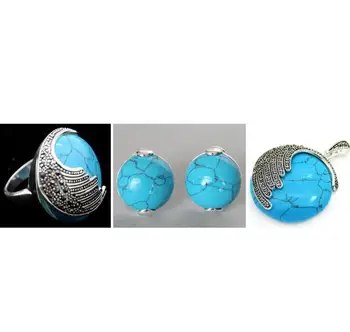 Bižuterijos Vintage Blue Stone 925 Sterlingas Sidabro Marcasite Žiedas (#7-10) pakabukas ir auskarai rinkiniai
