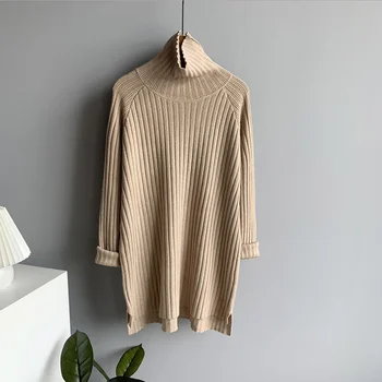 2020 m. rudens ir žiemos vertikalios juostos kietosios spalvos aukšto kaklo, ilgomis rankovėmis džemperis moterims prarasti dugno marškinėliai, 5 spalvų