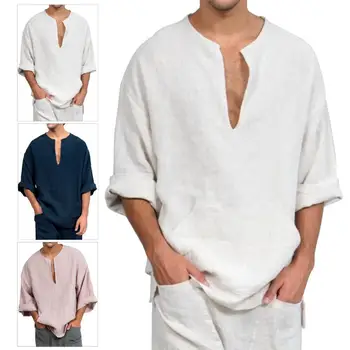 2020 M. Kinijos Stiliaus Vyrų Atsitiktinis Paplūdimio Vientisos Spalvos V-Kaklo, Ilgomis Rankovėmis Varpo Medvilnės Top Marškinėliai Palaidinė Vintage White Marškinėliai