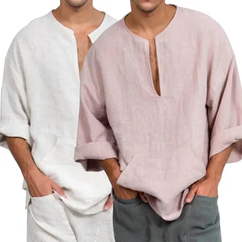 2020 M. Kinijos Stiliaus Vyrų Atsitiktinis Paplūdimio Vientisos Spalvos V-Kaklo, Ilgomis Rankovėmis Varpo Medvilnės Top Marškinėliai Palaidinė Vintage White Marškinėliai
