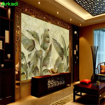 Pietryčių Azijos stiliaus tapetai žalia mažų šviežių miegamojo kambarį, TV foną, augalų Šiaurės stiliaus bananų lapų tapetai