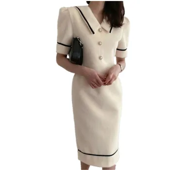Prancūzų stiliaus Elegantiškas mažas kvepalų suknelė moterims sailor apykaklės slim sluoksniuotos rankovėmis-line šalis suknelė