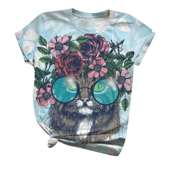 Moterų trumpomis Rankovėmis 3D Katė ir Gėlių Atspausdintas O-Neck Tee Marškinėliai Camisetas Mujer Marškinėliai Moterims Harajuku Viršūnes Plius Dydis