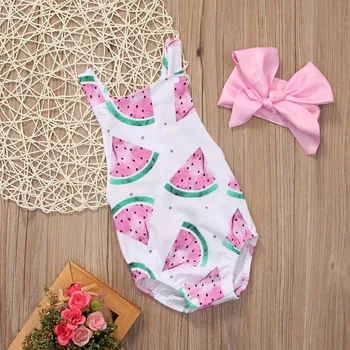 0-24M nauji 2vnt Kūdikiui Baby Girl Arbūzas Bodysuit Sunsuit Apranga Nustatyti Drabužių+rožinė lankas-mazgas lankelis