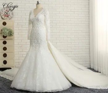 Vestido de noiva Elegantiškas Vestuvių Suknelė iki 2018 m. V-kaklo, ilgomis Rankovėmis Koplyčia Traukinys Aplikacijos Tiulio Undinė Vestuvinės Suknelės Nuimamas Traukinys