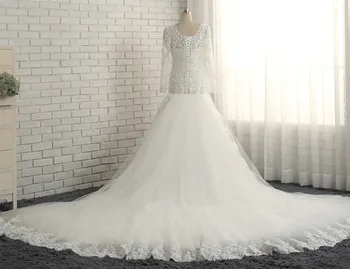 Vestido de noiva Elegantiškas Vestuvių Suknelė iki 2018 m. V-kaklo, ilgomis Rankovėmis Koplyčia Traukinys Aplikacijos Tiulio Undinė Vestuvinės Suknelės Nuimamas Traukinys