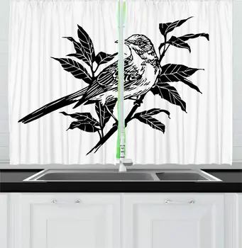Anglis Pilka Baltas Paukštis Spausdinti Virtuvės Užuolaidos Paviršutiniškas Žvirblis ant Šakos Lapai lygiame Fone Spausdinti Langų Užuolaidos