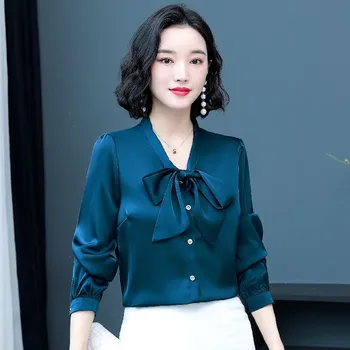 Korėjos Mados Šilko Moterims Palaidinės Office Lady Marškinėliai ir Satino Palaidinė Moterų Viršūnes ir Palaidinės Plius Dydis-ilgomis Rankovėmis Blusas Largas