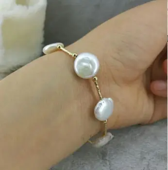 Gamtos 13-kaip 14mm balta Baroko pietų jūros perlų apyrankė 7.5-8 colių užsegimas