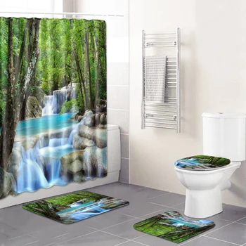 3D Gamtos Peizažas Vonios Rinkinys Dušo Užuolaidos Tualeto Dangčio Dangtelis Vonios Kilimėlis 4Pcs Rinkinys