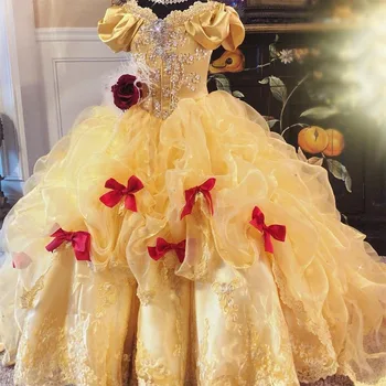 Vintage Gold Gėlių Mergaičių Suknelės Trumpomis Rankovėmis, 2019 Nėrinių Aplikacijos Ruffles Pakopų Kristalai Merginos Inscenizacija Chalatai
