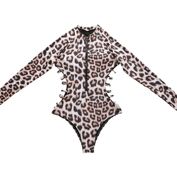 Leopard Print Long Sleeve Maudymosi Kostiumėlis Moterims Seksualus Užtrauktukas Monokini Tuščiaviduriai Iš Vientisas Maudymosi Kostiumėliai, Push Up Banglenčių Paplūdimio