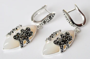 Blanc SHELL marcassite fleur AUSKARŲ lady 's 925 bijoux en argent boucle d' oreille 11/2 