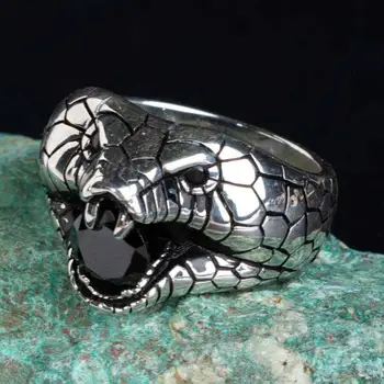 925 Sterling 3D Snake Galvos Sidabro Vyrų Žiedas su Juoda Akmens Mados turkijos, aukščiausios Kokybės, Rankų darbo Jawelery
