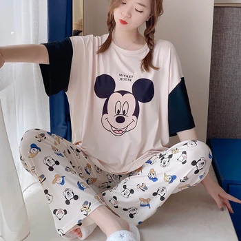 Disney Korėjos Mados Pijama Mickey Minnie Mouse Ančiukas Donaldas, Daisy Laiškas Spausdinti Pledas Kelnės Moterims Prarasti Naktiniai Drabužiai Homewear Kostiumas