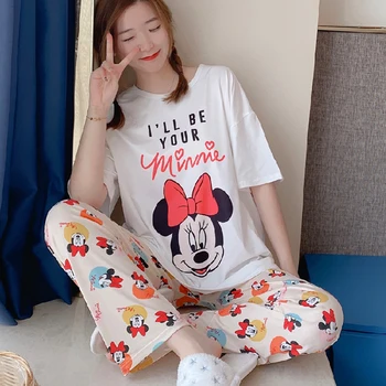 Disney Korėjos Mados Pijama Mickey Minnie Mouse Ančiukas Donaldas, Daisy Laiškas Spausdinti Pledas Kelnės Moterims Prarasti Naktiniai Drabužiai Homewear Kostiumas