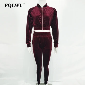FQLWL Atsitiktinis aksomo dviejų dalių kostiumai jumpsuit Moterys ilgomis Rankovėmis Pasėlių Viršuje spockets kelnes 2018 Outwear Sweatsuit Užtrauktukas Tracksuit