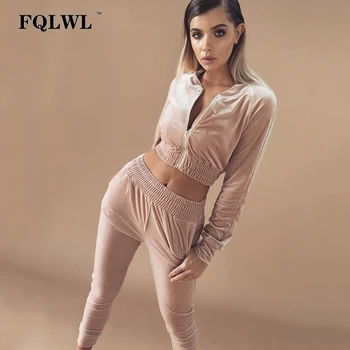 FQLWL Atsitiktinis aksomo dviejų dalių kostiumai jumpsuit Moterys ilgomis Rankovėmis Pasėlių Viršuje spockets kelnes 2018 Outwear Sweatsuit Užtrauktukas Tracksuit