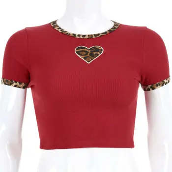 Sumemr T-shirts 2020 Naujas Vasaros Moterų Raudona Trumpas Rankovės O-Kaklo Leopardas Spausdinti Širdies Liesas Trumpi marškinėliai