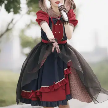 Nereguliarus hem lolita dress pledas turn-žemyn apykaklės bowknot kawaii suknelė spalvos bloką gothic lolita op sluoksniuotos rankovėmis viktorijos suknelė
