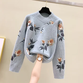 Mados rudens ir žiemos naujas prarasti išorinis dėvėti mažų šviežių trimatis sunkiosios pramonės išsiuvinėti megztinis (puloveris)