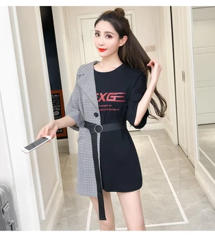 2019 m. vasarą naujų korėjos versija [laisvas] trumparankoviai susiuvimo marškinėliai pledas netikrą kombinezonas dviejų dalių ilgas diržas moterų suknelė