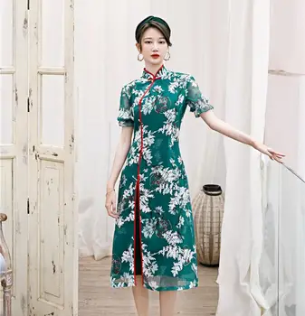 Naujovė Spausdinti Gėlių Moterų Cheongsam Seksualus Šifono Qipao Kinų Tradicinė Derliaus Mandarinų Apykaklės Suknelė Big Size Vestidos