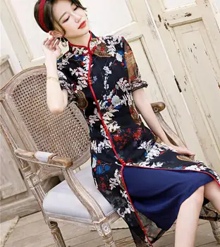 Naujovė Spausdinti Gėlių Moterų Cheongsam Seksualus Šifono Qipao Kinų Tradicinė Derliaus Mandarinų Apykaklės Suknelė Big Size Vestidos