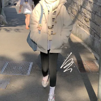 Moterų Vilnos Mišiniai Rudenį Ragų Mygtuką Gobtuvu Animacinių Filmų Lašas Pečių Studentų Šiltas, Mielas Harajuku Prarasti Korėjos Stiliaus Atsitiktinis Mados