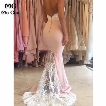 Mocuo 2019 Undinė Bridesmaid Dresses su Appliques Nėrinių Spagečiai Dirželiai Elastingos satino Vestuvės Dress Bridesmaid Suknelę