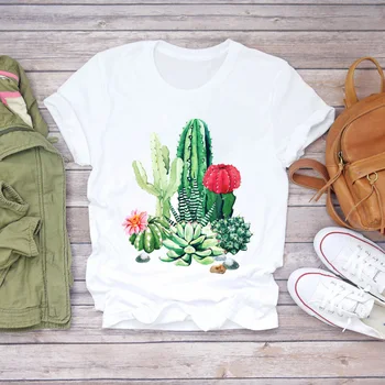 Moterų Kaktusas Augalų, Gėlių Mados trumpomis Rankovėmis Atspausdintas 90s Lady T-shirts Viršuje Moterų Graphic T Shirt Ladies Moterų Tee Marškinėliai
