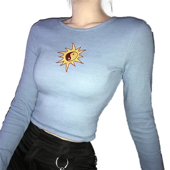 2020 m. Moteris, Vasarą, Rudenį, T-marškinėliai ilgomis Rankovėmis Saulės Siuvinėjimo Apkarpyti Viršūnes Megzti Slim Laisvalaikio T-Shirt moterims Streetwear Tees