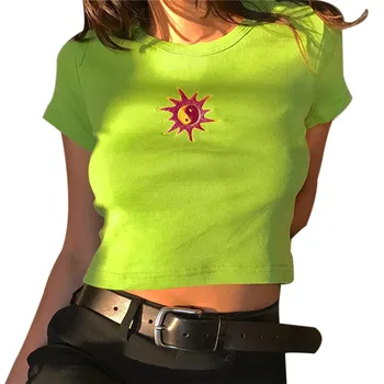 2020 m. Moteris, Vasarą, Rudenį, T-marškinėliai ilgomis Rankovėmis Saulės Siuvinėjimo Apkarpyti Viršūnes Megzti Slim Laisvalaikio T-Shirt moterims Streetwear Tees