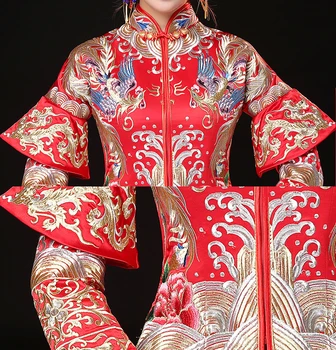 Nuotaka Kinijos Vestuvių Drabužiai Suknelė Senovės santuokos kostiumas tradicinę suknelę, moteriški cheongsam siuvinėjimo phoenix raudona Qipao