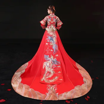 Nuotaka Kinijos Vestuvių Drabužiai Suknelė Senovės santuokos kostiumas tradicinę suknelę, moteriški cheongsam siuvinėjimo phoenix raudona Qipao