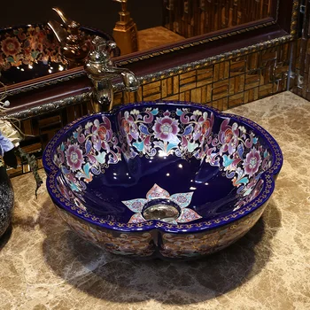 Gėlių mėlyna Vonios kambarys, Rūbinė Kinijos Rankų darbo Europoje Senovinių Keramikos Lavabo Vonios Kriaukle praustuvas dubuo