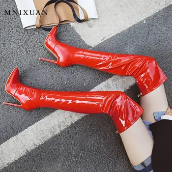 MNIXUAN Rankų darbo seksualus naktiniame klube moterų batai 2019 naujus smailus pirštas užtrauktukas per kelio šlaunų auliniai batai aukštakulniai raudonos spalvos ilgus batus