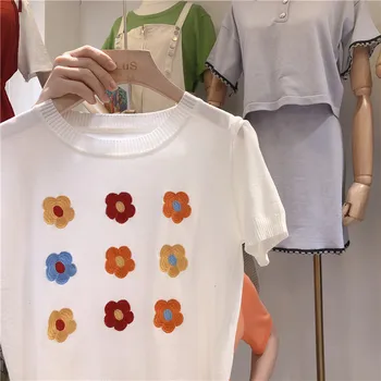 T-shirt Moterims, Vasaros 2020 korėjos Stiliaus Mielas Gėlių Siuvinėjimas Trumpas Rankovės Megztos Viršutinis Trikotažas Balta Raudona marškinėliai, femme T319
