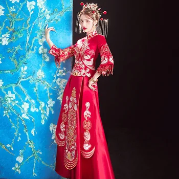 Tradicinis Kinų Cirkonio Vestuvių Suknelė Cheongsam Qipao Klasikinis Mandarinų Apykaklės Cheongsam Santuokos Kostiumas
