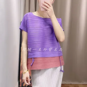 KARŠTO PARDAVIMO Miyake Mados stiliaus marškinėliai kratinys trumpas rankovės o-kaklo kartus Raišteliu T-shirts SANDĖLYJE