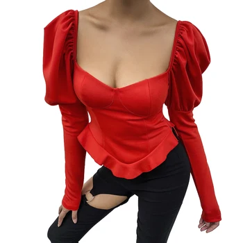 Moteris Vien Atsitiktinis Ilgio Sluoksniuotos Rankovėmis Palaidinė Lolita Sexy Viršūnes Juosmens Marškinėliai Mados Red Hot Marškinėliai