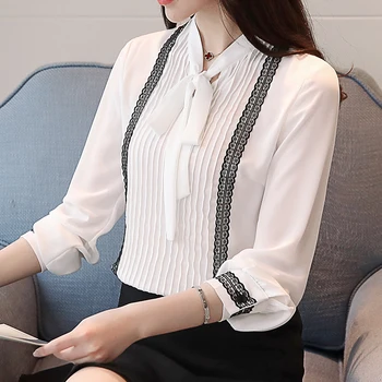 2021 naują pavasario ilgas rankovėmis palaidinės moterims viršūnės v-kaklo lankas šifono marškinėliai office lady stiliaus nėrinių saldus moterų drabužių D472 30