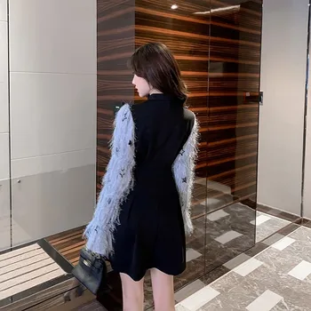 Nekilnojamojo kulka 2019 nauja mada, retro temperamentas kostiumas apykaklės jungimo mygtuką ilgomis rankovėmis Slim-line suknelė
