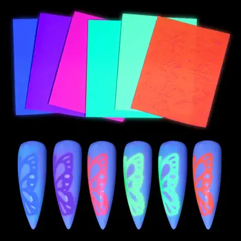 6Pcs Holografinis Lazeris Drugelis Tuščiaviduriai Neno Spalvos Nagai Lipdukas 3D Lipni Spalvingas Blizgučiai Nagų Dailės Perdavimo Lipdukai