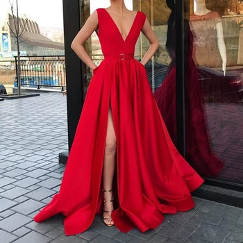 Rožinė Aukštos Split-Line Oficialią Vakaro Suknelės 2020 Elegantiškas Moteris Giliai V Kaklo vestidos Rankovių Ilgio Prom Chalatai abendkleider