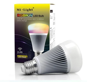 Milight E27 9W RGBCCT RGBWW+Spalvos Temperatūra pritemdomi AC85-265V Belaidžio led lemputes, lempos +2.4 G, 4 zona RGBWW RF nuotolinio valdymo pultelis