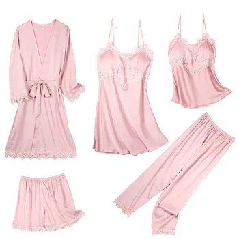 Moterų Pižama 5 Gabalas Satino Sleepwear Pijama Šilko Namų Drabužių, Siuvinėjimas, Miego, Poilsio Pyjama Su Krūtinės Pagalvėlės Pyjama Rinkinys