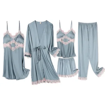 Moterų Pižama 5 Gabalas Satino Sleepwear Pijama Šilko Namų Drabužių, Siuvinėjimas, Miego, Poilsio Pyjama Su Krūtinės Pagalvėlės Pyjama Rinkinys
