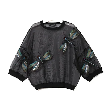 Negabaritinių Dragonfly Siuvinėjimo Organza Viršų O-Kaklo Skaidrus Akių Susiuvimo Laisvi moteriški marškinėliai Megztinis Streetwear T1375